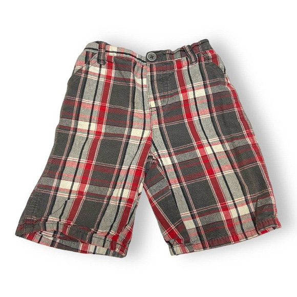 Boys Shorts Sz 4T Gray White Red Plaid Elastic Waist Pockets Belt Loops Button - Picture 1 of 4